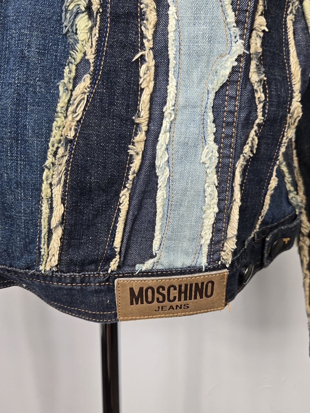 Rare Moschino Jeans Frayed Patchwork Denim Jacket Y2K Boho Grunge Size 8 Luxury - Picture 7 of 9